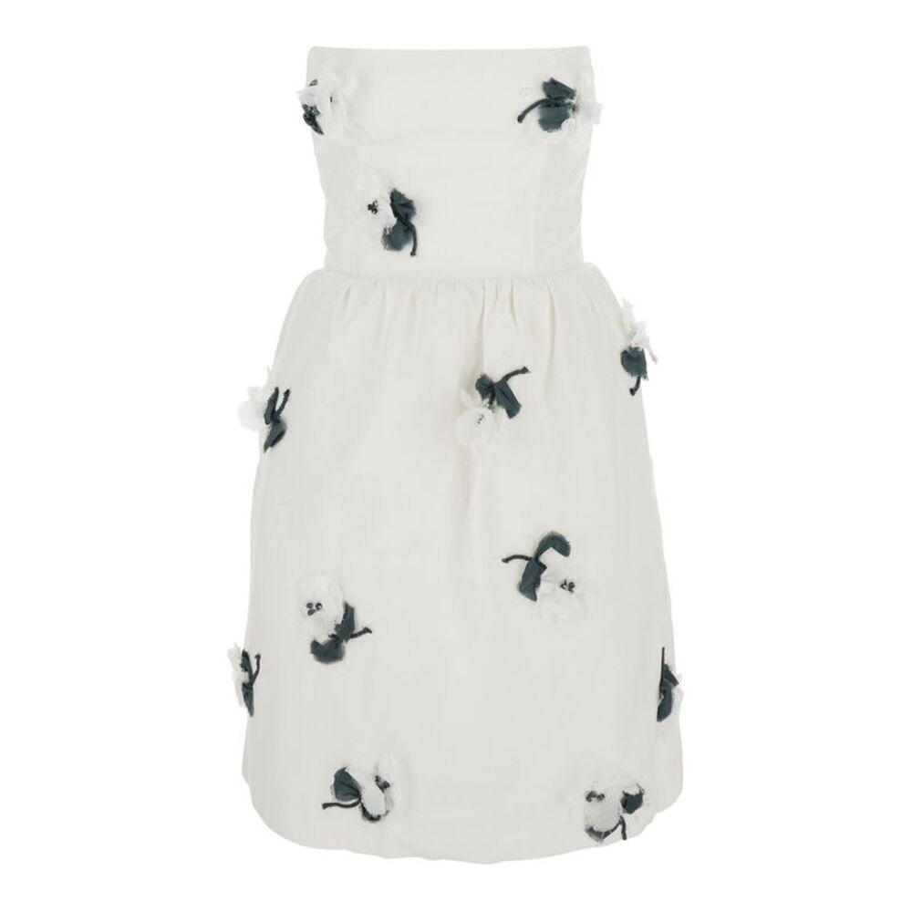 Shushu/Tong Women White Linen Strapless 'Floral Appliqué' Dress For Women